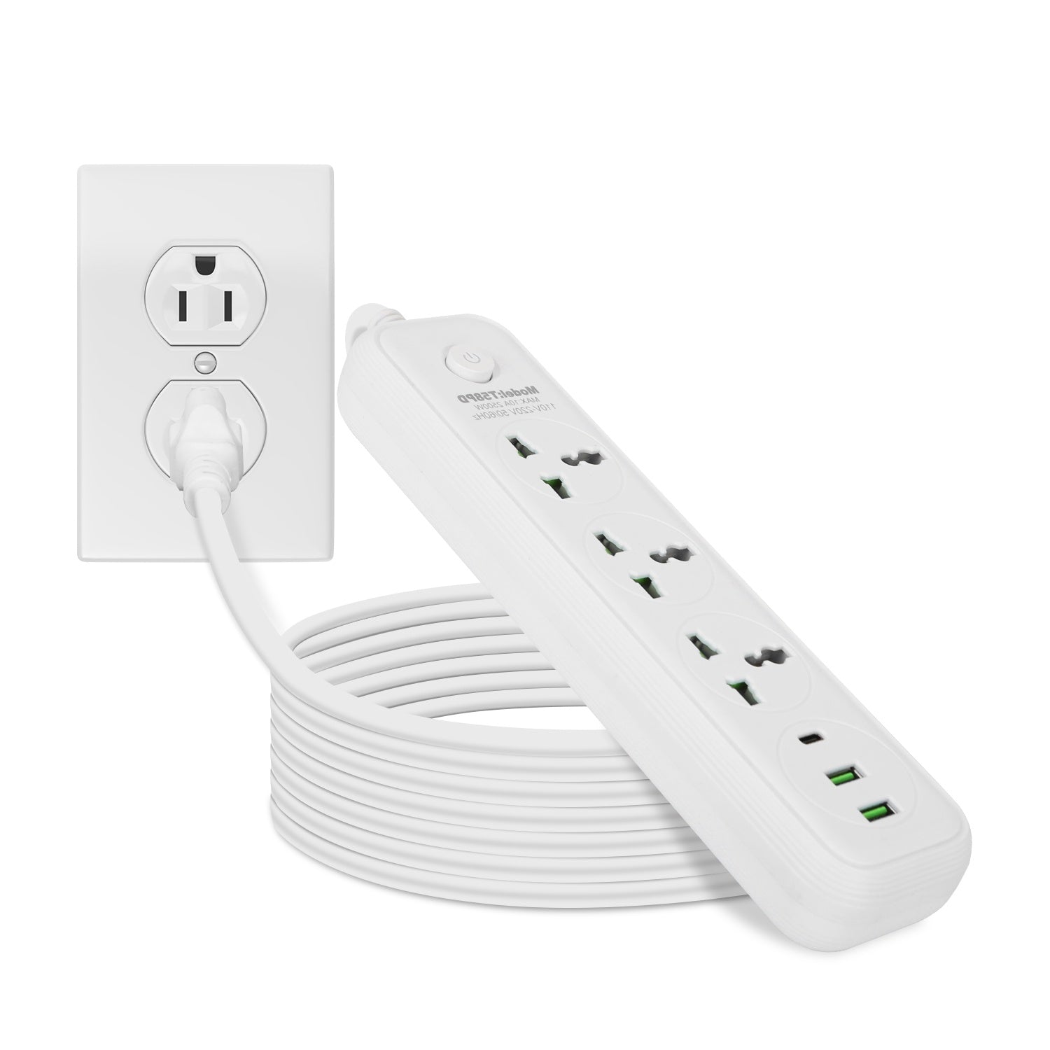 HKM-787731 6FT Power Strip with 3 AC Outlets, 2 USB A Ports, and 1 USB C Port, Wall Mountable with Safety Cover, Ideal for Home and Office Use