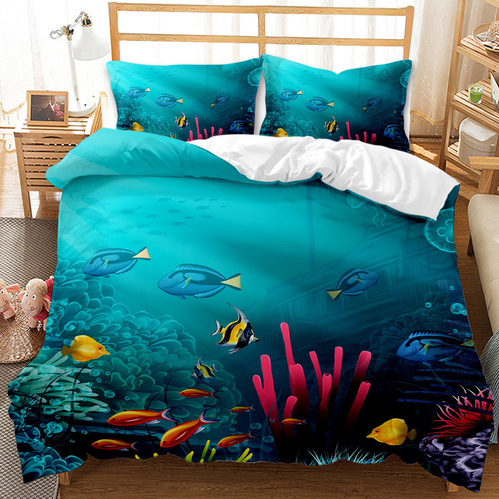HKM-787859 Whale Shark 3D Digital Printed Brushed Bedding Set - Quilt Cover and Pillow Cases, 4-Piece Collection