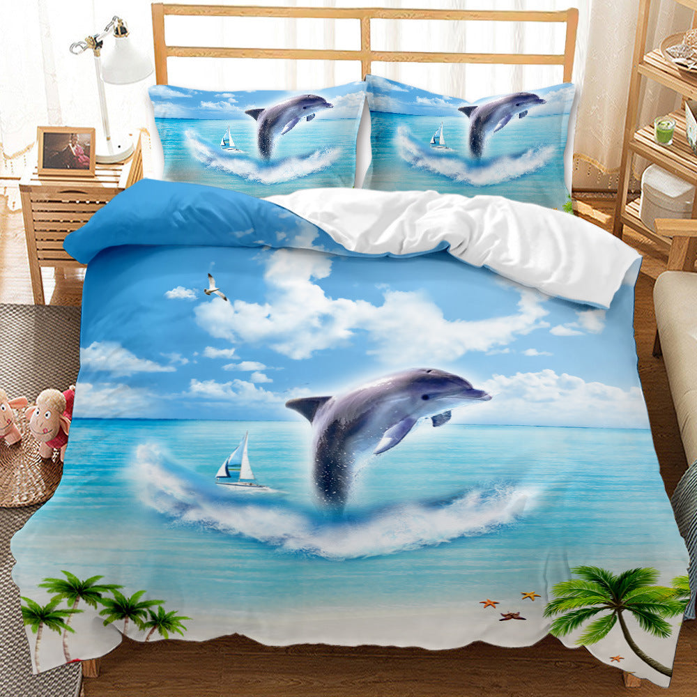 HKM-787859 Whale Shark 3D Digital Printed Brushed Bedding Set - Quilt Cover and Pillow Cases, 4-Piece Collection