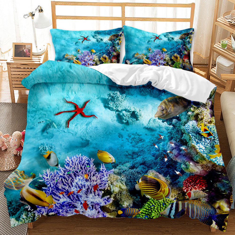 HKM-787859 Whale Shark 3D Digital Printed Brushed Bedding Set - Quilt Cover and Pillow Cases, 4-Piece Collection