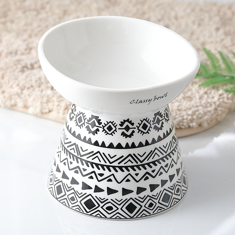 HKM-788563 Ceramic Cat Food Bowl with High Foot Protection and Oblique Mouth Design, 250ml Capacity