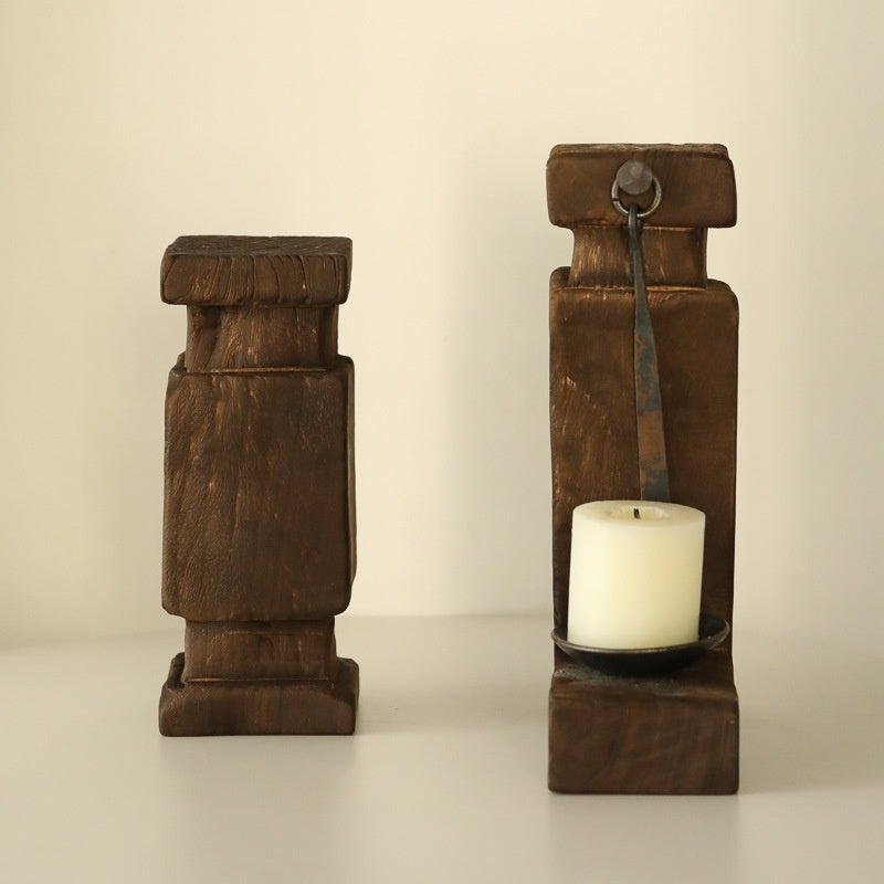 HKM-788627 Handmade Wooden Vintage Candlestick Holder - 34cm x 22cm x 11cm