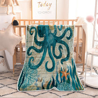 HKM-788691 Plush Digital Printing Blanket in Blue, White, and Green - Available in Multiple Sizes