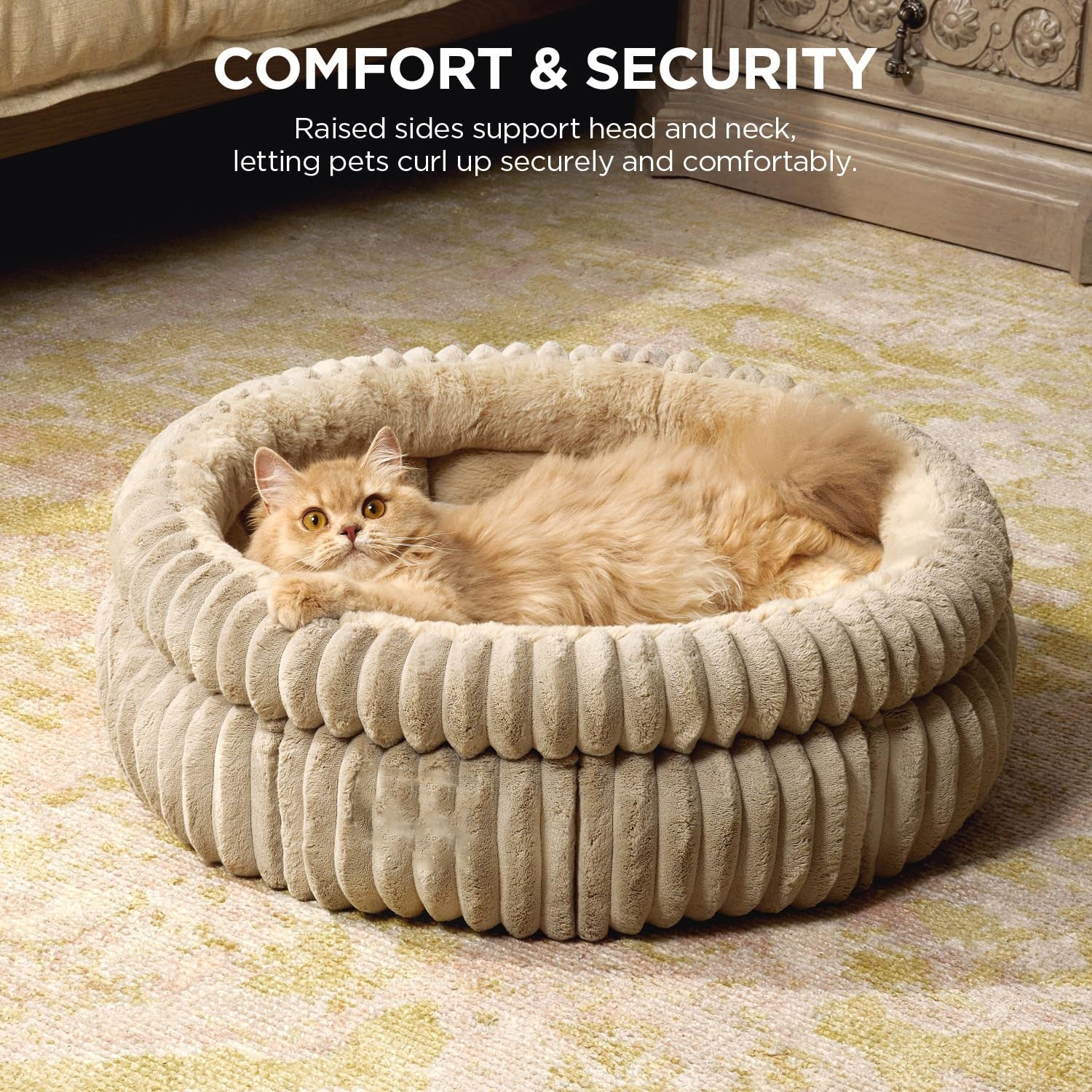 HKM-788883 Super Soft Plush Round Cat Bed with Washable Faux Fur and Anti-Slip Bottom for Indoor Use