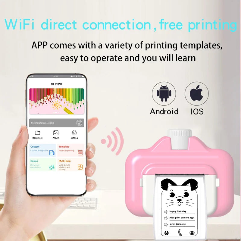 HKM-789267 Mini Instant Print Digital Video Selfie Camera for Kids - 1080P, 180° Wide Angle, 2.4" Screen, Recording Function