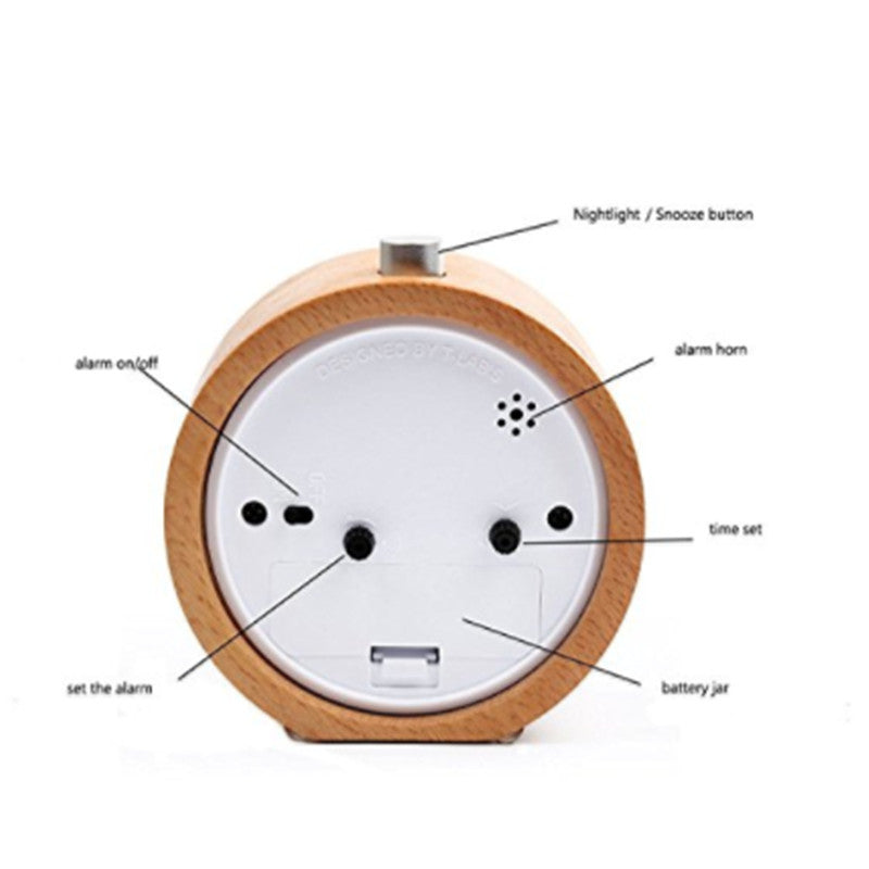 HKM-789395 Solid Beech Wood Bedside Alarm Clock with Silent Snooze Feature, 4-Inch Design