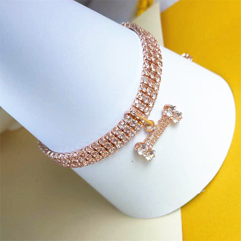 HKM-789395 Zircon Inlaid Copper Bone Design Pet Collar in Gold and Rose Gold