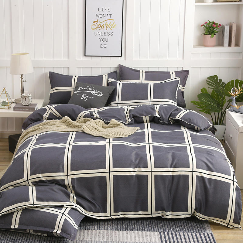 HKM-789523 Cotton Four-Piece Quilt Cover Set with Pillowcases and Bed Sheet, Modern Minimalist Design