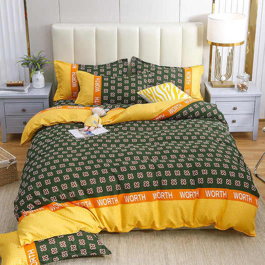 HKM-789523 Cotton Four-Piece Quilt Cover Set with Pillowcases and Bed Sheet, Modern Minimalist Design