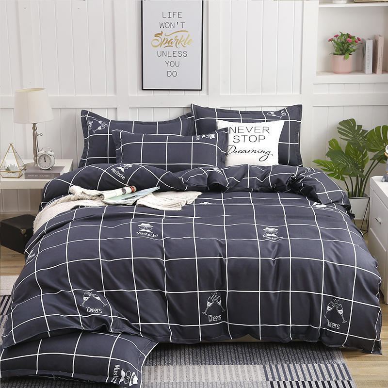 HKM-789523 Cotton Four-Piece Quilt Cover Set with Pillowcases and Bed Sheet, Modern Minimalist Design