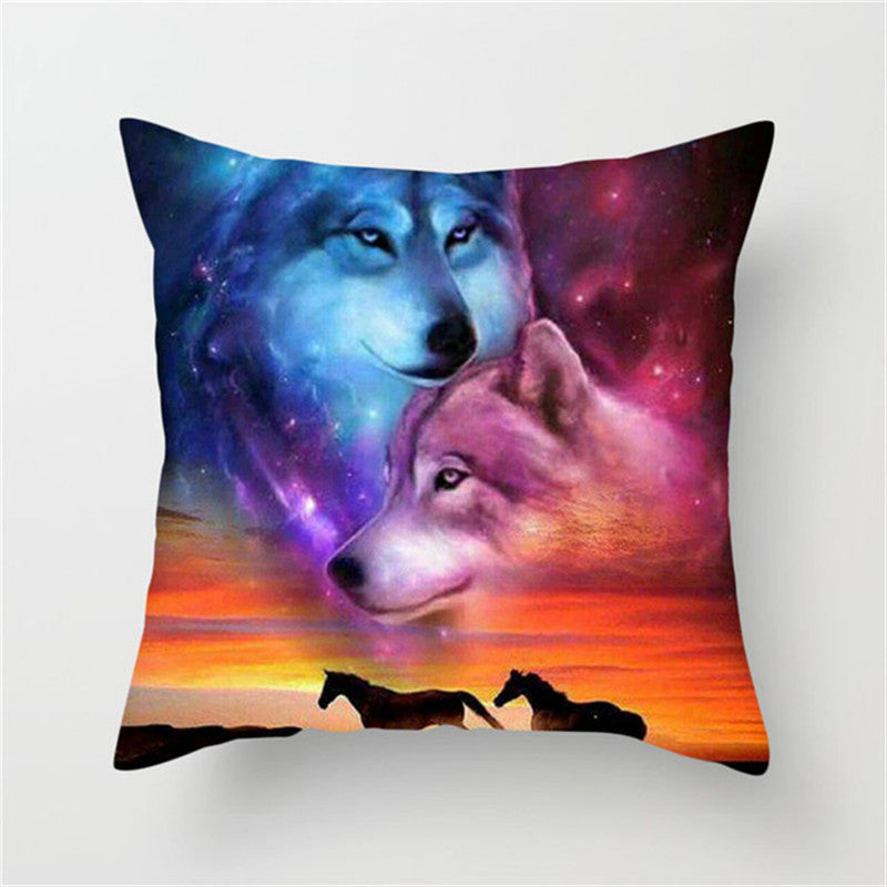 HKM-789587 3D Fluorescent Wolf Polyester Pillowcase - Animal Pattern, 45x45cm, Peach Skin Fabric