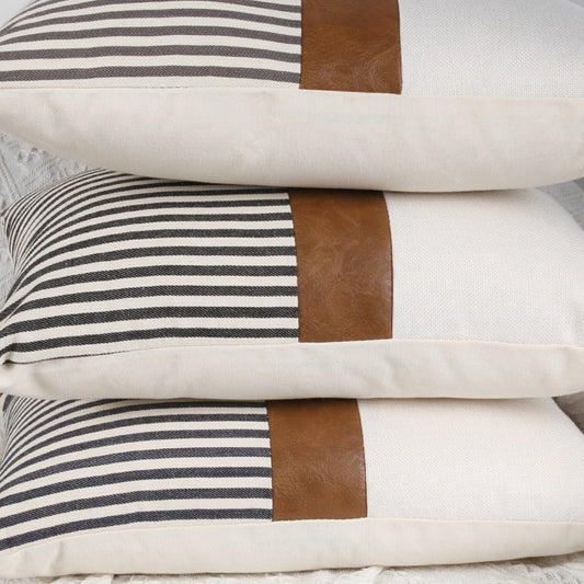 HKM-789907 PU Leather and Canvas Stripe Pillowcase for Sofa and Car - 45x45 cm, Multiple Color Options