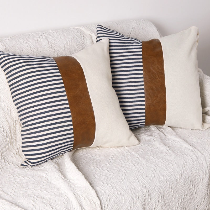 HKM-789907 PU Leather and Canvas Stripe Pillowcase for Sofa and Car - 45x45 cm, Multiple Color Options