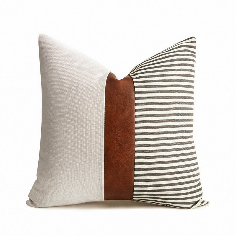 HKM-789907 PU Leather and Canvas Stripe Pillowcase for Sofa and Car - 45x45 cm, Multiple Color Options