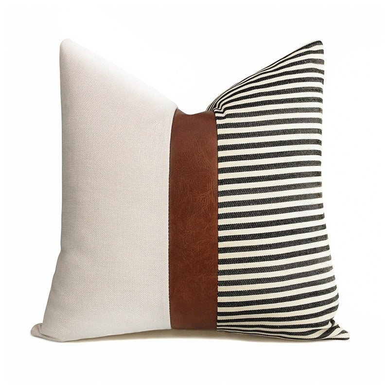 HKM-789907 PU Leather and Canvas Stripe Pillowcase for Sofa and Car - 45x45 cm, Multiple Color Options