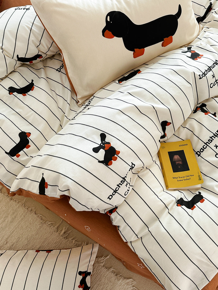 HKM-790675 Cartoon Puppy Striped Four-Piece Cotton Bedding Set for Various Bed Sizes