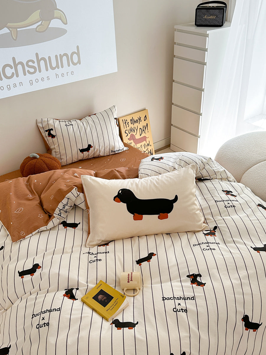 HKM-790675 Cartoon Puppy Striped Four-Piece Cotton Bedding Set for Various Bed Sizes