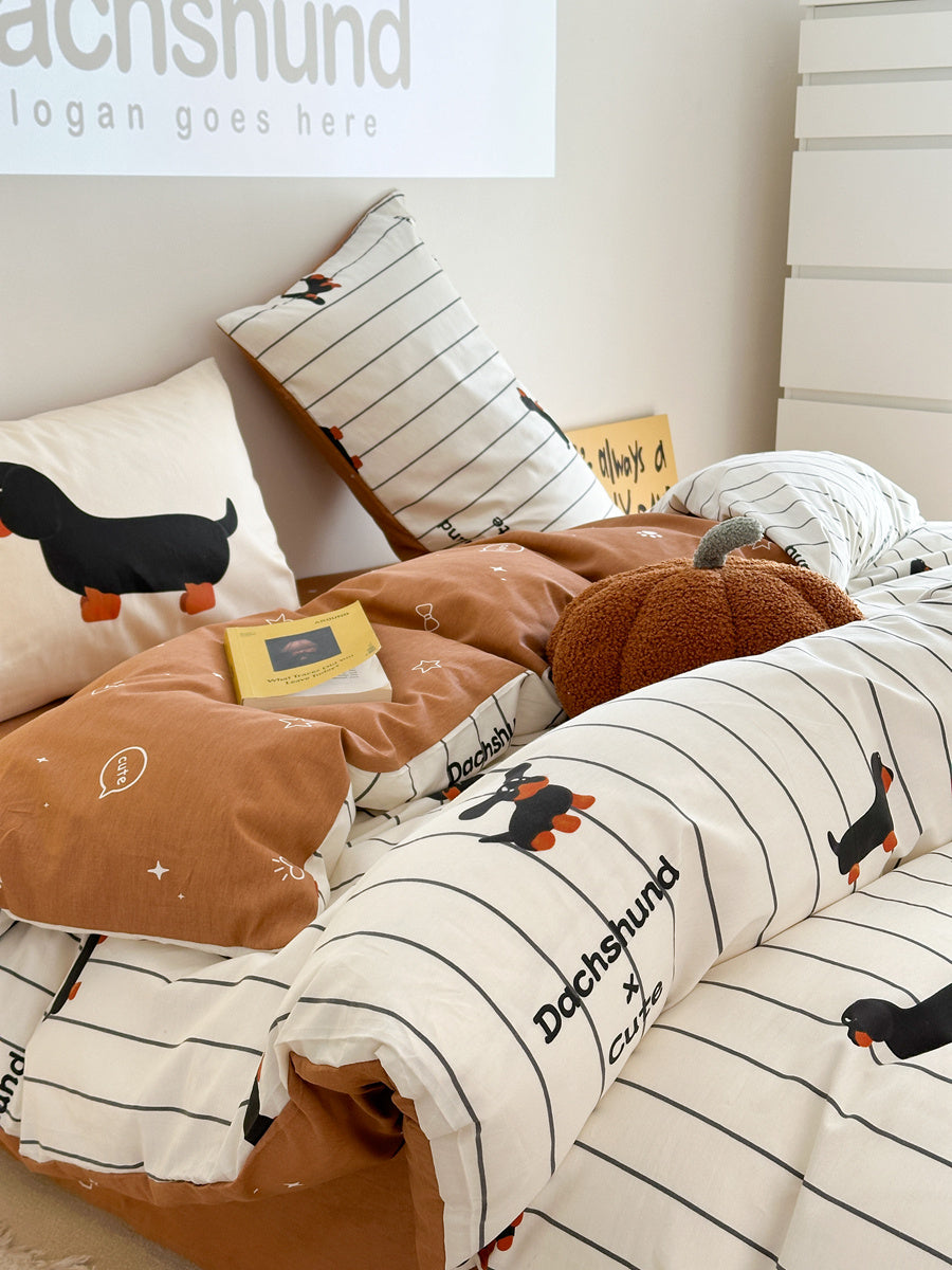 HKM-790675 Cartoon Puppy Striped Four-Piece Cotton Bedding Set for Various Bed Sizes