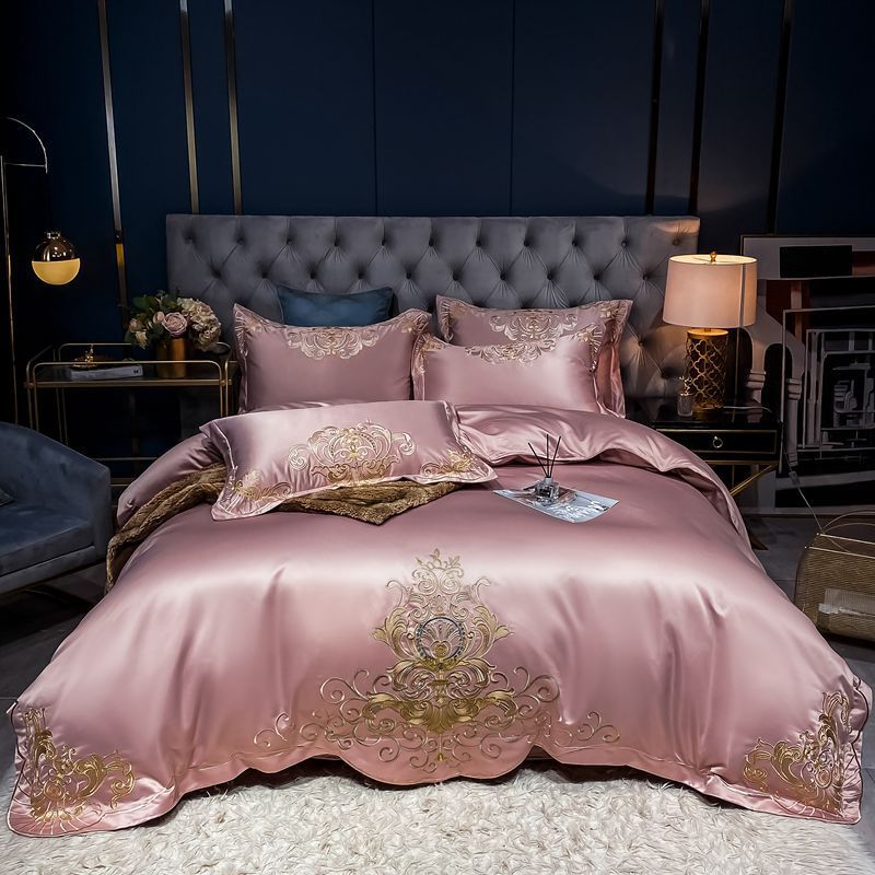 HKM-790995 Solid Embroidered Satin Cotton Bedding Set with Quilt Cover and Pillowcases