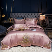 HKM-790995 Solid Embroidered Satin Cotton Bedding Set with Quilt Cover and Pillowcases