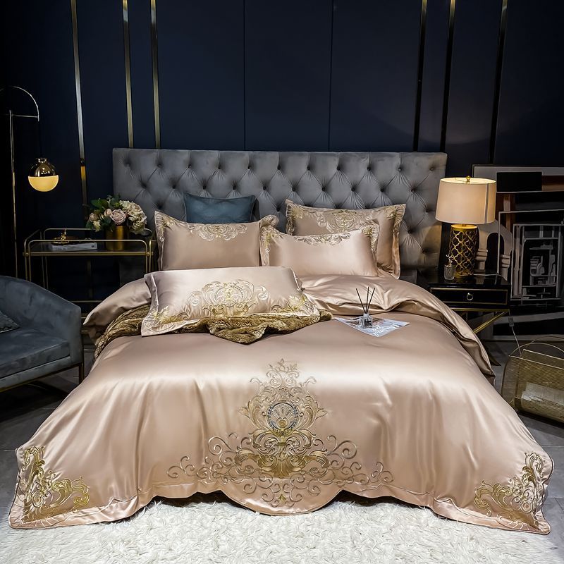 HKM-790995 Solid Embroidered Satin Cotton Bedding Set with Quilt Cover and Pillowcases