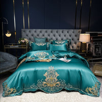 HKM-790995 Solid Embroidered Satin Cotton Bedding Set with Quilt Cover and Pillowcases