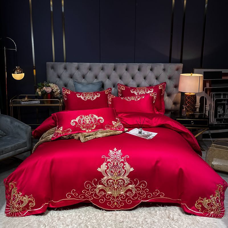 HKM-790995 Solid Embroidered Satin Cotton Bedding Set with Quilt Cover and Pillowcases