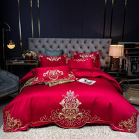 HKM-790995 Solid Embroidered Satin Cotton Bedding Set with Quilt Cover and Pillowcases