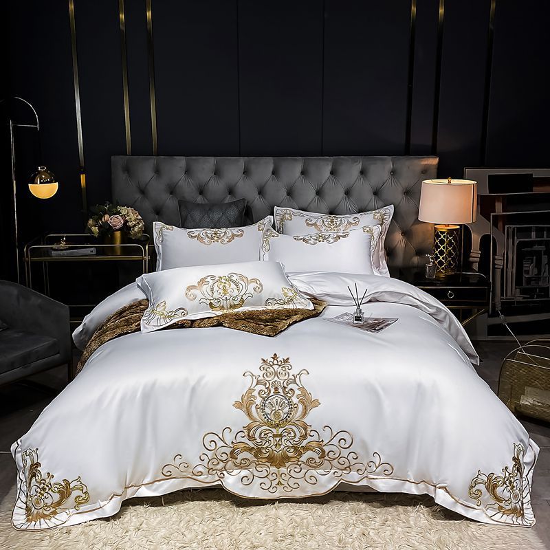 HKM-790995 Solid Embroidered Satin Cotton Bedding Set with Quilt Cover and Pillowcases