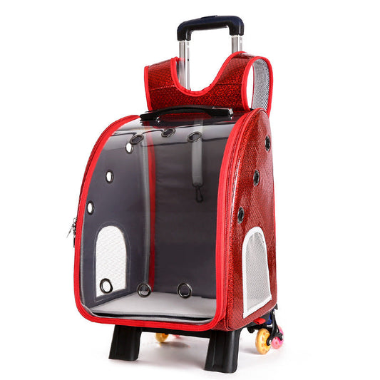 HKM-792019 Transparent Folding Pet Trolley Bag for Small Dogs and Cats, Medium Soft PU and Oxford Cloth