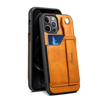 HKM-792083 Card Finger Ring Back Cover for iPhone 12/12 Pro/12 Mini/12 Pro Max - PU Protective Shell in Khaki, Black, Red, Blue, Brown, Green