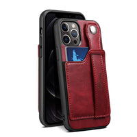 HKM-792083 Card Finger Ring Back Cover for iPhone 12/12 Pro/12 Mini/12 Pro Max - PU Protective Shell in Khaki, Black, Red, Blue, Brown, Green