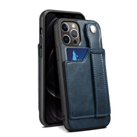 HKM-792083 Card Finger Ring Back Cover for iPhone 12/12 Pro/12 Mini/12 Pro Max - PU Protective Shell in Khaki, Black, Red, Blue, Brown, Green