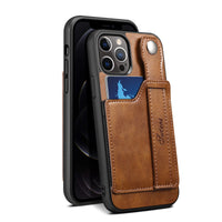 HKM-792083 Card Finger Ring Back Cover for iPhone 12/12 Pro/12 Mini/12 Pro Max - PU Protective Shell in Khaki, Black, Red, Blue, Brown, Green