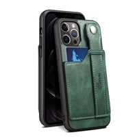 HKM-792083 Card Finger Ring Back Cover for iPhone 12/12 Pro/12 Mini/12 Pro Max - PU Protective Shell in Khaki, Black, Red, Blue, Brown, Green