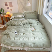 HKM-793299 Lace Pleated Washed Cotton Four-Piece Bedding Set for Various Bed Sizes