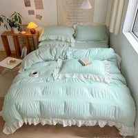 HKM-793299 Lace Pleated Washed Cotton Four-Piece Bedding Set for Various Bed Sizes