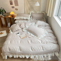 HKM-793299 Lace Pleated Washed Cotton Four-Piece Bedding Set for Various Bed Sizes