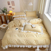 HKM-793299 Lace Pleated Washed Cotton Four-Piece Bedding Set for Various Bed Sizes