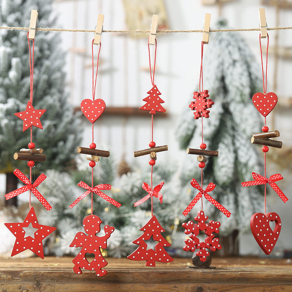 HKM-793427 Creative Red Polka Dot Wooden Christmas Ornaments - Star, Heart, Angel, Tree, Snowflake