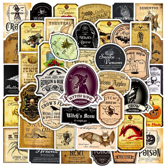 HKM-794003 Vintage Halloween Bottle Stickers Set – 50 PVC Water Adhesive Retro Decorative Stickers for Various Occasions