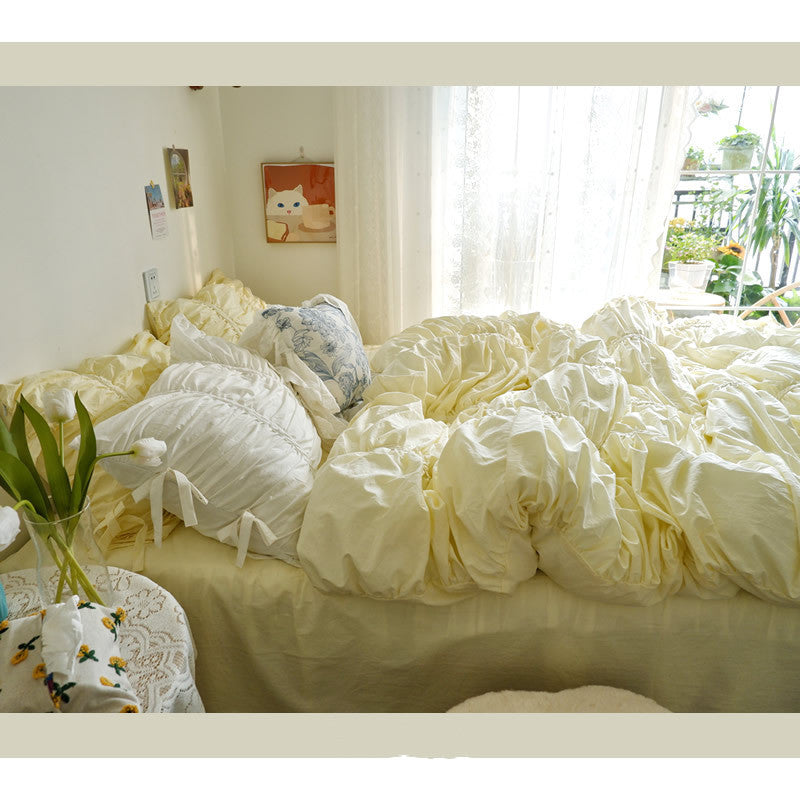 HKM-794131 Four-Piece Washed Cotton Bedding Set - Korean Style with Pleated Design for 1.5m Bed