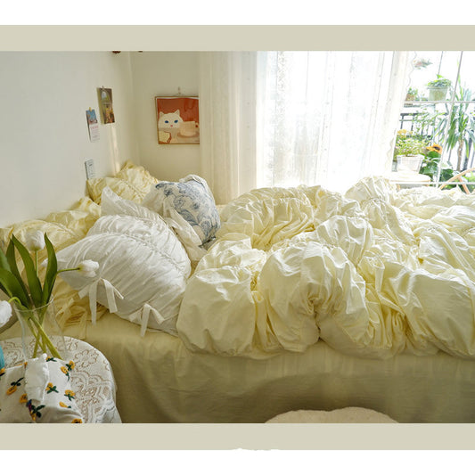 HKM-794131 Four-Piece Washed Cotton Bedding Set - Korean Style with Pleated Design for 1.5m Bed