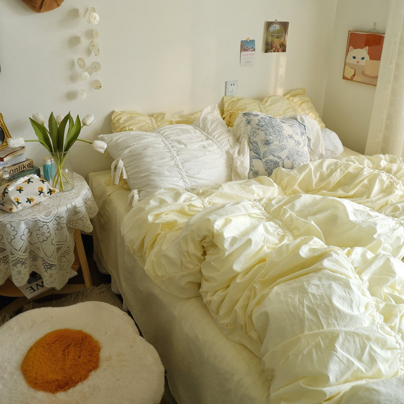HKM-794131 Four-Piece Washed Cotton Bedding Set - Korean Style with Pleated Design for 1.5m Bed