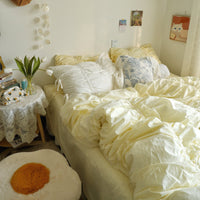 HKM-794131 Four-Piece Washed Cotton Bedding Set - Korean Style with Pleated Design for 1.5m Bed