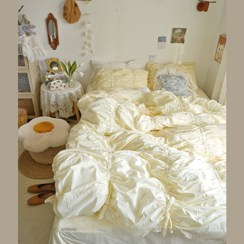HKM-794131 Four-Piece Washed Cotton Bedding Set - Korean Style with Pleated Design for 1.5m Bed