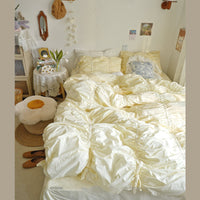 HKM-794131 Four-Piece Washed Cotton Bedding Set - Korean Style with Pleated Design for 1.5m Bed
