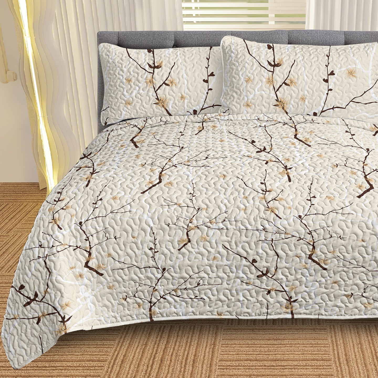 HKM-794131 Minimalist Tree Branch Patterned Quilt Set with 2 Pillow Shams in Multiple Sizes for All Season Use