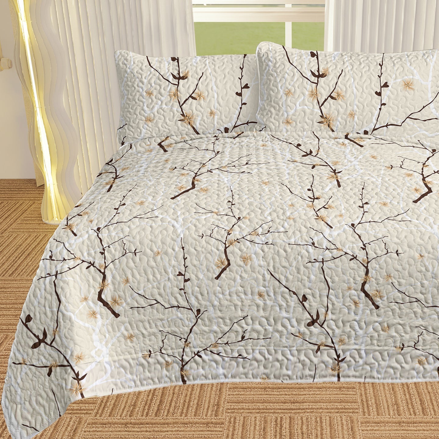 HKM-794131 Minimalist Tree Branch Patterned Quilt Set with 2 Pillow Shams in Multiple Sizes for All Season Use