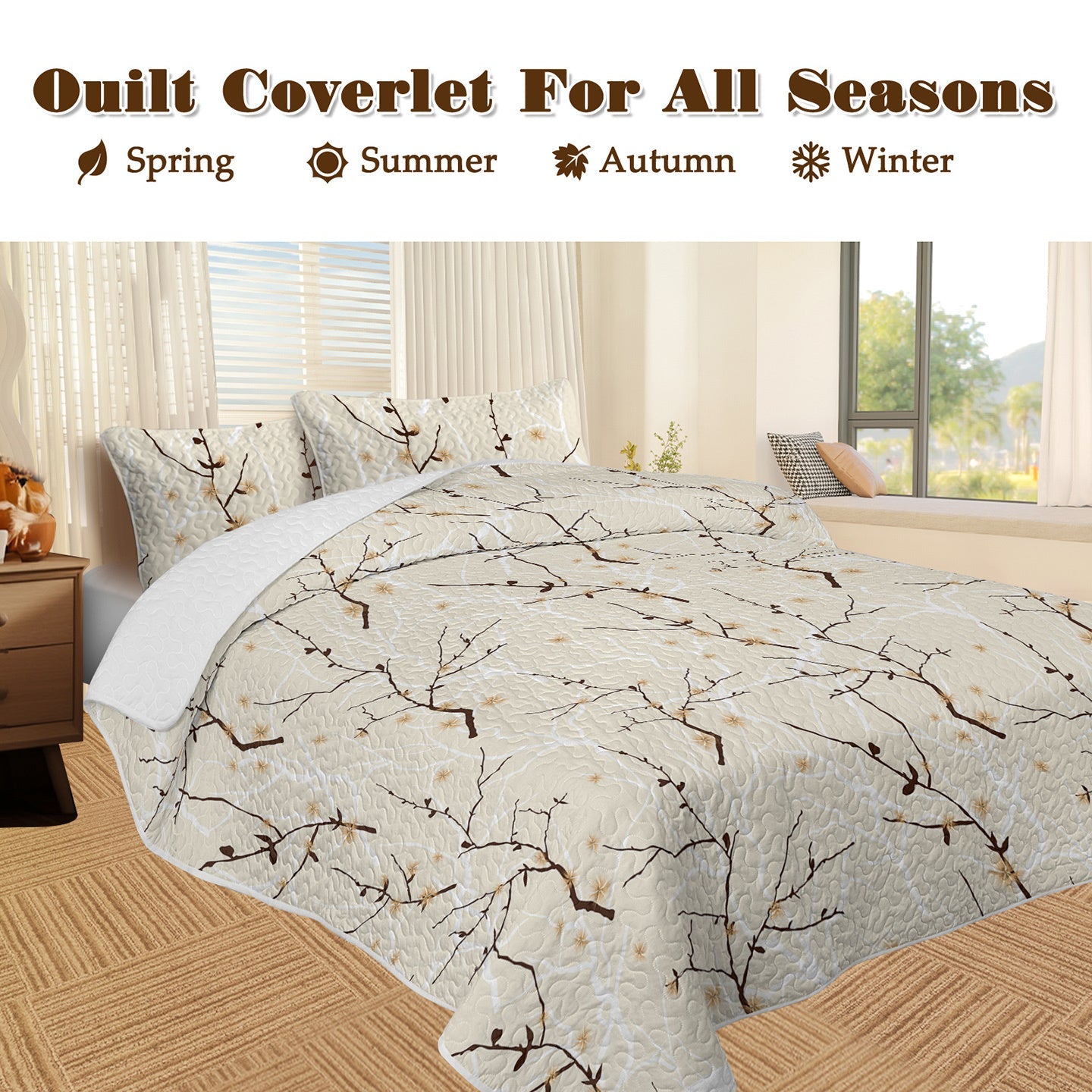 HKM-794131 Minimalist Tree Branch Patterned Quilt Set with 2 Pillow Shams in Multiple Sizes for All Season Use